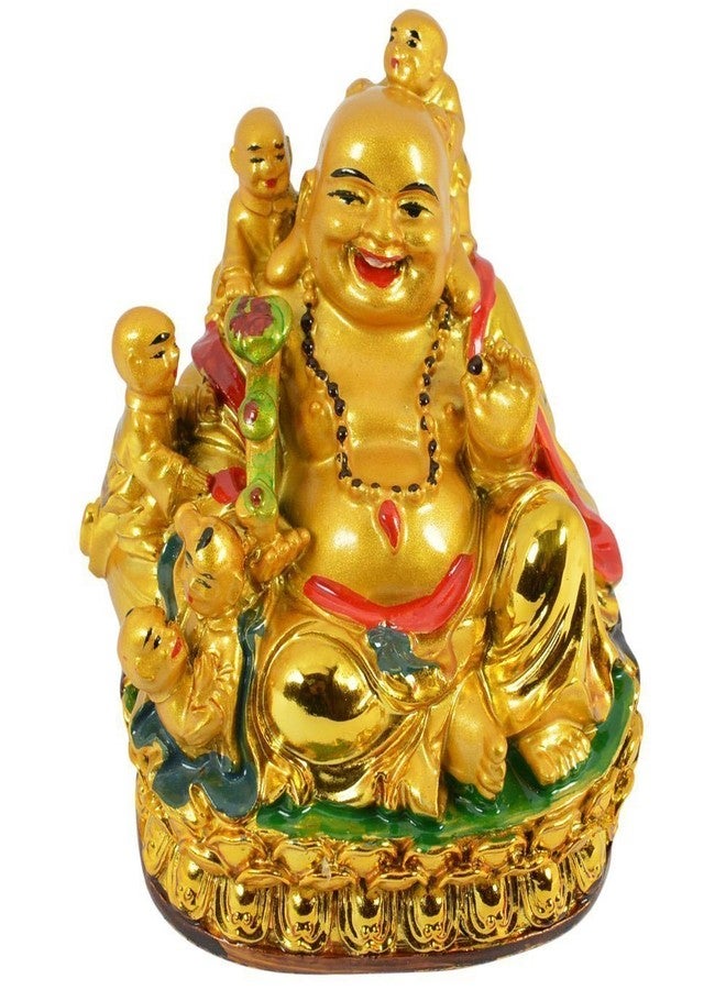 GJ Laughing Buddha with Children for Health, Wealth and Happiness Porcelain Showpiece, 11cm (Golden) - Image 1